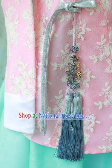 Traditional Korean Accessories Light Blue Tassel Butterfly Waist Pendant, Asian Korean Fashion Wedding Tassel Hanbok Waist Decorations for Kids