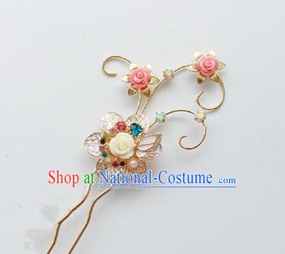 Traditional Korean National Hair Accessories Pink Flowers Hairpins, Asian Korean Fashion Wedding Hanbok Hair Decorations Headwear for Women