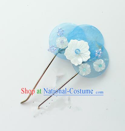 Traditional Korean National Hair Accessories Blue Shell Flower Hairpins, Asian Korean Fashion Wedding Hanbok Hair Decorations Headwear for Women