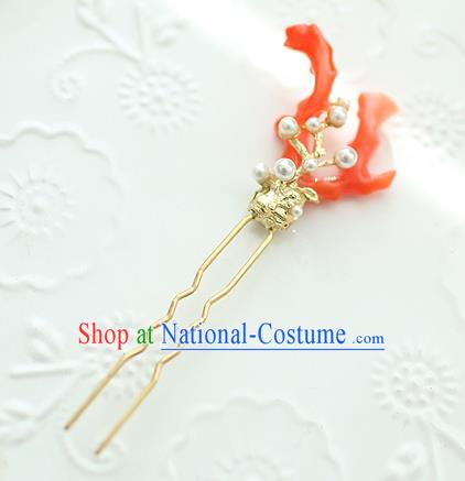 Traditional Korean National Hair Accessories Coral Hairpins, Asian Korean Fashion Wedding Hanbok Hair Decorations Headwear for Women