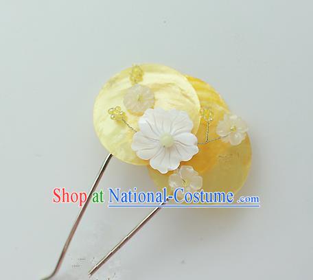 Traditional Korean National Hair Accessories Yellow Shell Flower Hairpins, Asian Korean Fashion Wedding Hanbok Hair Decorations Headwear for Women