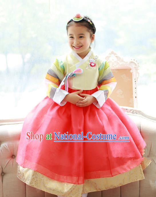 Asian Korean National Traditional Handmade Formal Occasions Girls Embroidered Yellow Blouse and Orange Dress Costume Hanbok Clothing for Kids