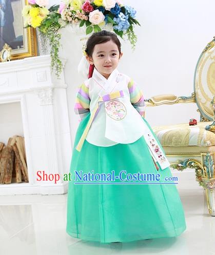 Asian Korean National Traditional Handmade Formal Occasions Embroidered White Blouse and Green Dress Costume Wedding Hanbok Clothing for Girls