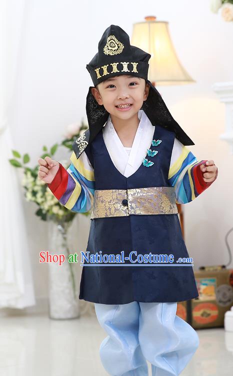 Asian Korean National Traditional Handmade Formal Occasions Embroidered Thronfolger Costume Wedding Navy Hanbok Clothing for Boys