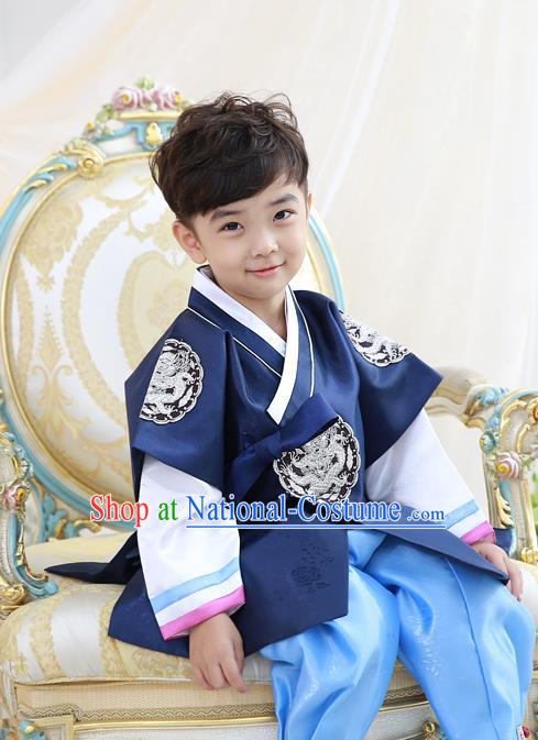 Asian Korean National Traditional Handmade Formal Occasions Embroidered Thronfolger Costume Wedding Deep Blue Hanbok Clothing for Boys