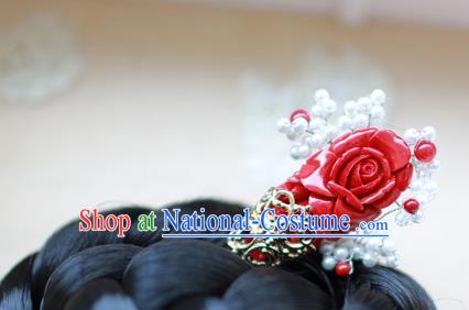 Traditional Korean National Hair Accessories Wedding Princess Red Rose Hairpins, Asian Korean Fashion Hanbok Hair Stick Headwear for Girls