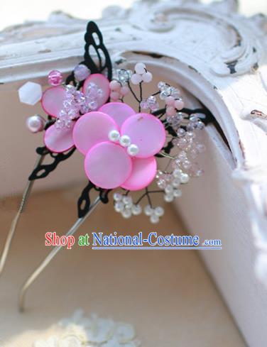 Traditional Korean National Hair Accessories Wedding Princess Pink Flower Butterfly Hairpins, Asian Korean Fashion Hanbok Hair Stick Headwear for Girls