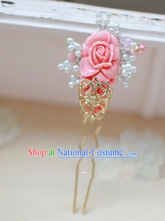 Traditional Korean National Hair Accessories Wedding Princess Pink Rose Hairpins, Asian Korean Fashion Hanbok Hair Stick Headwear for Girls