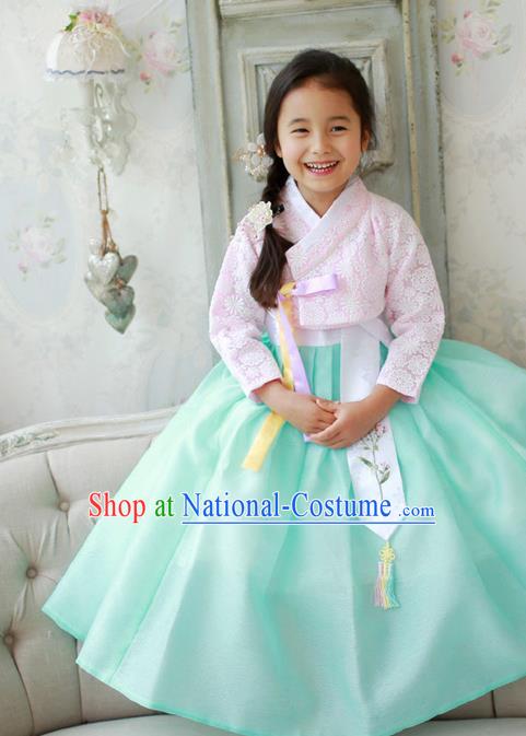 Asian Korean National Traditional Handmade Formal Occasions Girls Embroidered Pink Lace Blouse and Green Dress Costume Hanbok Clothing for Kids