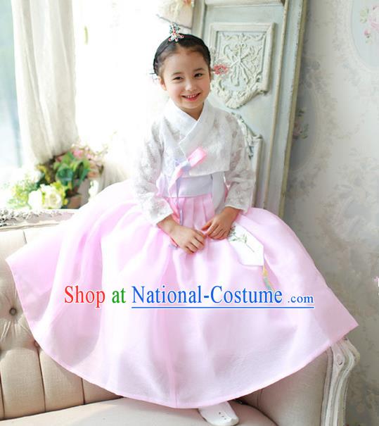 Asian Korean National Traditional Handmade Formal Occasions Girls Embroidered White Lace Blouse and Pink Dress Costume Hanbok Clothing for Kids