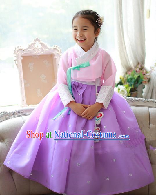 Asian Korean National Traditional Handmade Formal Occasions Girls Embroidered Pink Blouse and Purple Dress Costume Hanbok Clothing for Kids