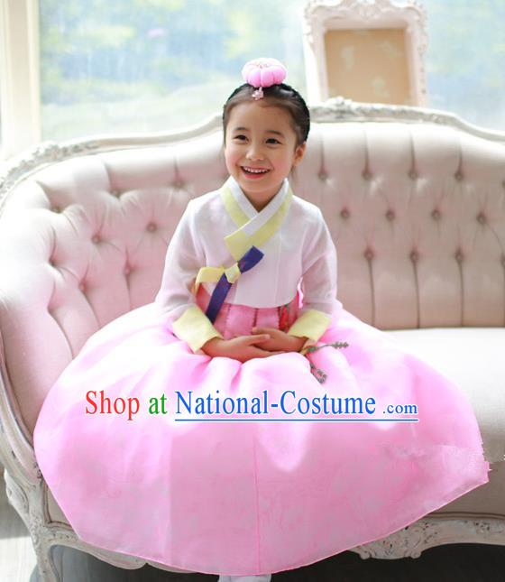 Asian Korean National Traditional Handmade Formal Occasions Girls Embroidered White Blouse and Pink Dress Costume Hanbok Clothing for Kids