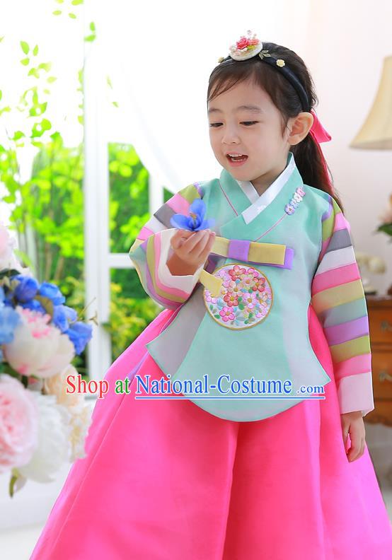 Asian Korean National Traditional Handmade Formal Occasions Girls Embroidered Green Blouse and Dress Costume Hanbok Clothing for Kids