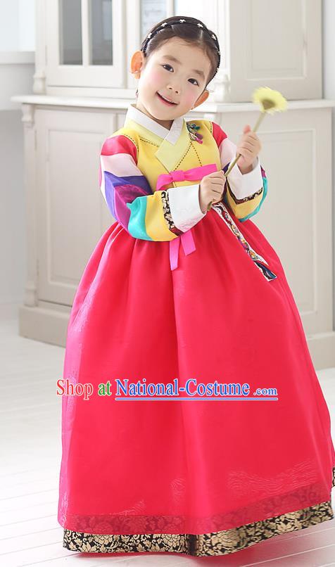 Asian Korean National Traditional Handmade Formal Occasions Girls Embroidered Yellow Blouse and Dress Costume Hanbok Clothing for Kids