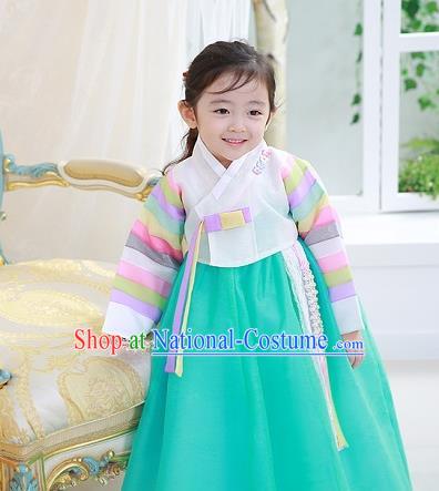 Asian Korean National Traditional Handmade Formal Occasions Girls Embroidered White Blouse and Green Dress Costume Hanbok Clothing for Kids