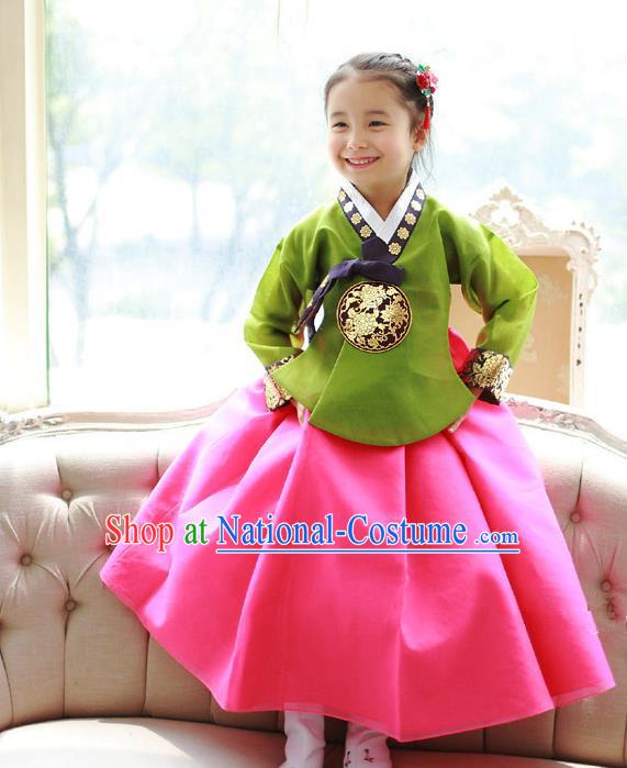 Asian Korean National Traditional Handmade Formal Occasions Girls Embroidery Green Blouse and Rosy Dress Costume Hanbok Clothing for Kids