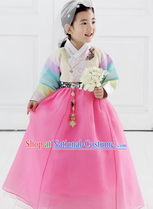 Asian Korean National Traditional Handmade Formal Occasions Girls Embroidery Beige Blouse and Pink Dress Costume Hanbok Clothing for Kids