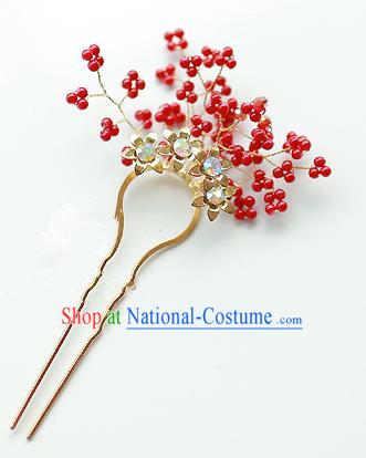 Traditional Korean National Hair Accessories Wedding Princess Red Beads Hairpins, Asian Korean Fashion Hanbok Hair Claw Headwear for Girls