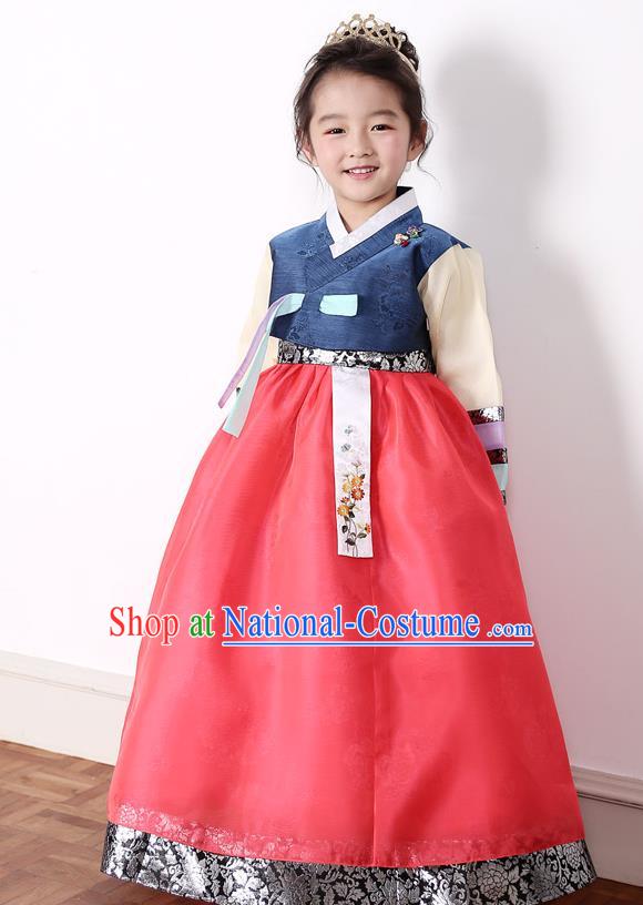 Asian Korean National Traditional Handmade Formal Occasions Girls Embroidery Blue Blouse and Red Dress Costume Hanbok Clothing for Kids