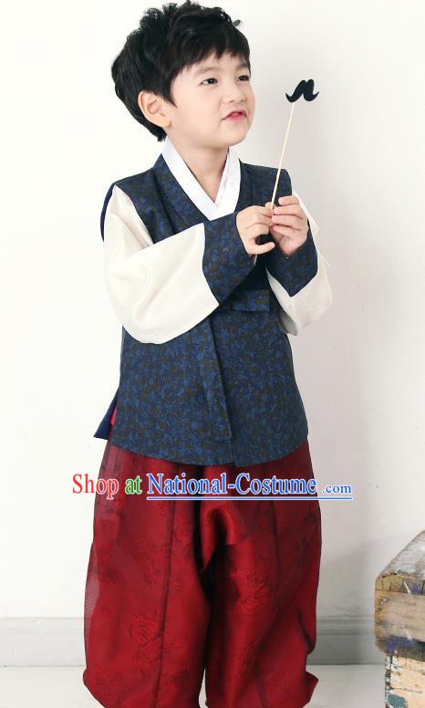 Asian Korean National Traditional Handmade Formal Occasions Boys Embroidery Navy Hanbok Costume Complete Set for Kids