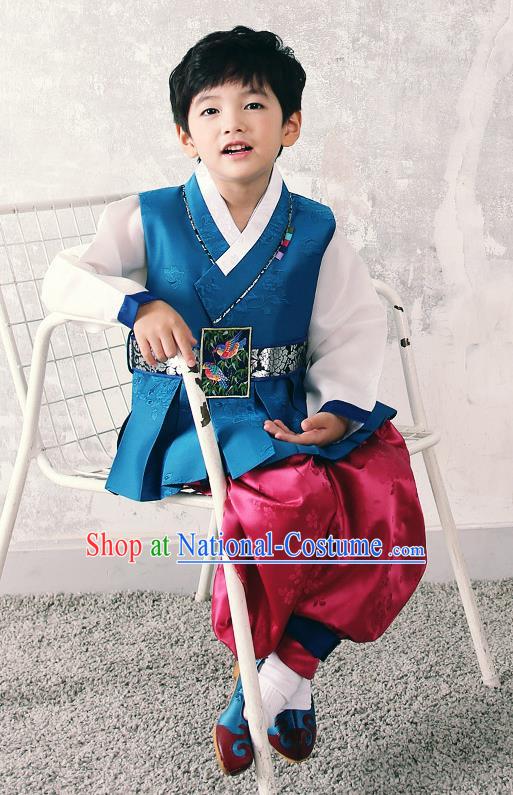 Asian Korean National Traditional Handmade Formal Occasions Boys Embroidery Blue Hanbok Costume Complete Set for Kids