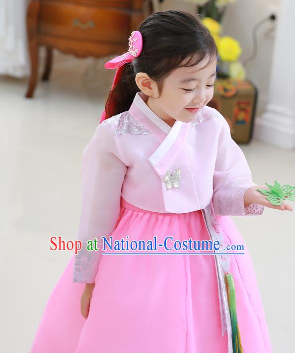 Asian Korean National Traditional Handmade Formal Occasions Girls Embroidery Hanbok Costume Pink Blouse and Dress Complete Set for Kids