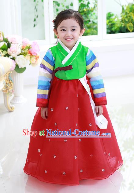 Asian Korean National Traditional Handmade Formal Occasions Girls Embroidery Hanbok Costume Green Blouse and Red Dress Complete Set for Kids