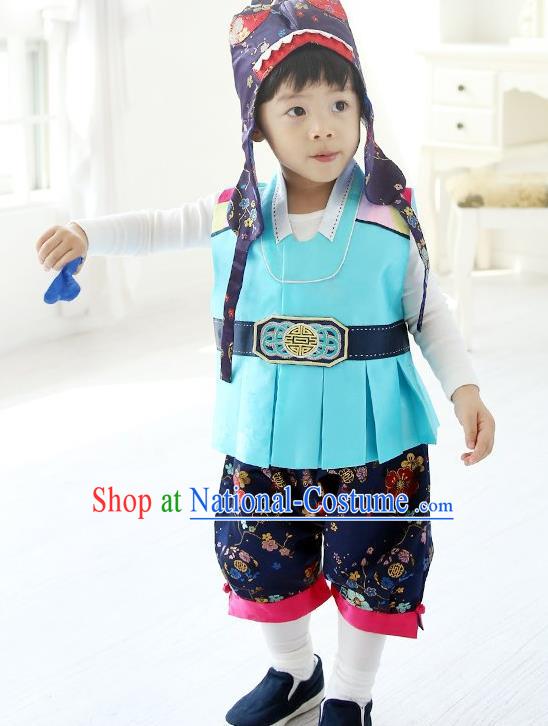 Asian Korean National Traditional Handmade Formal Occasions Boys Embroidery Light Blue Hanbok Costume Complete Set for Kids