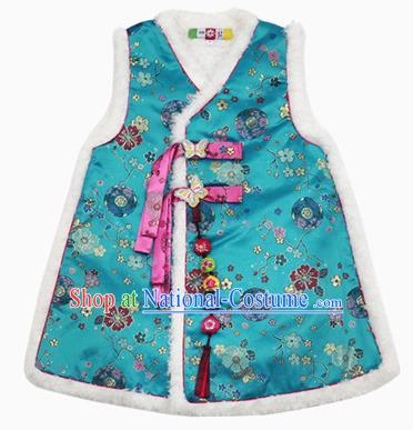 Asian Korean National Traditional Handmade Formal Occasions Girls Hanbok Costume Embroidery Blue Vests for Kids