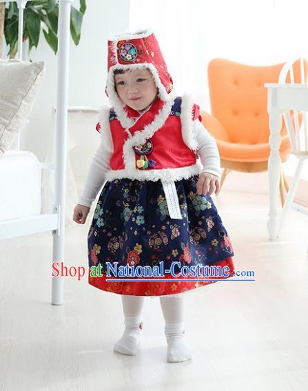 Asian Korean National Traditional Handmade Formal Occasions Girls Embroidery Hanbok Costume Red Vest and Blue Dress Complete Set for Kids