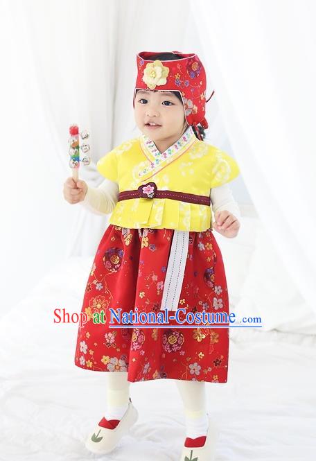 Asian Korean National Traditional Handmade Formal Occasions Girls Embroidery Hanbok Costume Yellow Vest and Red Dress Complete Set for Kids