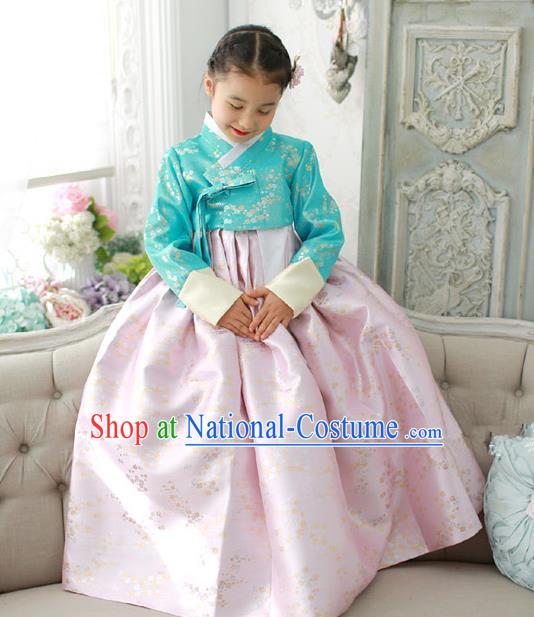 Traditional Korean National Handmade Formal Occasions Girls Embroidery Hanbok Costume Green Blouse and Pink Dress for Kids