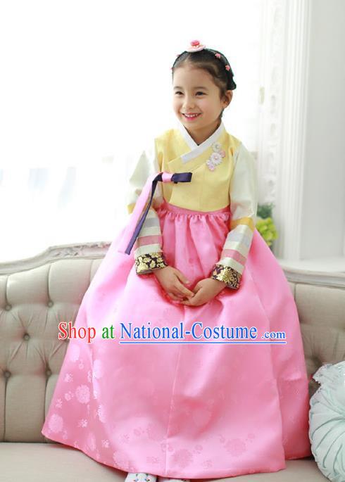 Traditional Korean National Handmade Formal Occasions Girls Embroidery Hanbok Costume Yellow Blouse and Pink Dress for Kids