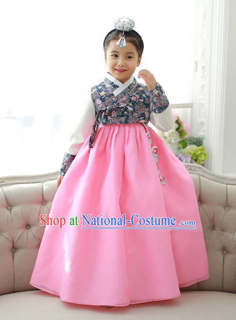 Traditional Korean National Handmade Formal Occasions Girls Hanbok Costume Printing Blouse and Pink Dress for Kids