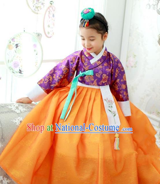 Traditional Korean National Handmade Formal Occasions Girls Hanbok Costume Embroidered Purple Blouse and Yellow Dress for Kids