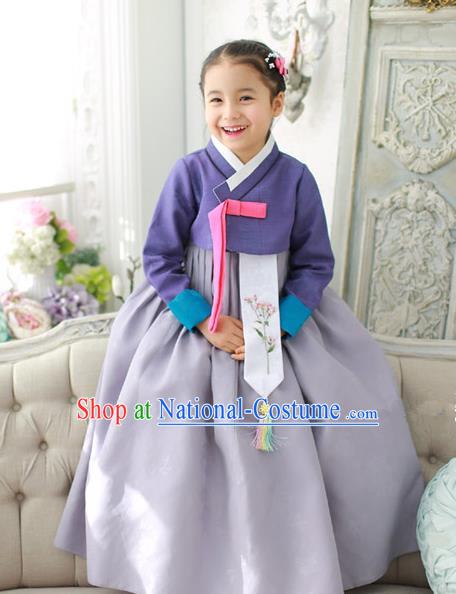 Traditional Korean National Handmade Formal Occasions Girls Hanbok Costume Embroidered Purple Blouse and Grey Dress for Kids