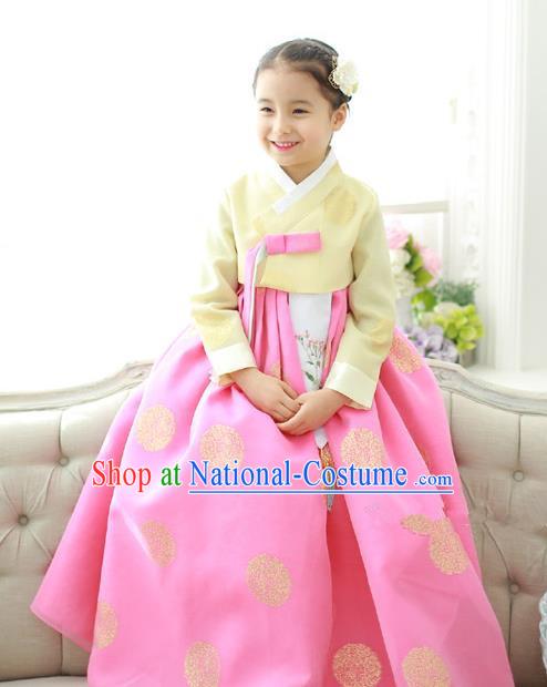 Traditional Korean National Handmade Formal Occasions Girls Hanbok Costume Embroidered Yellow Blouse and Pink Dress for Kids