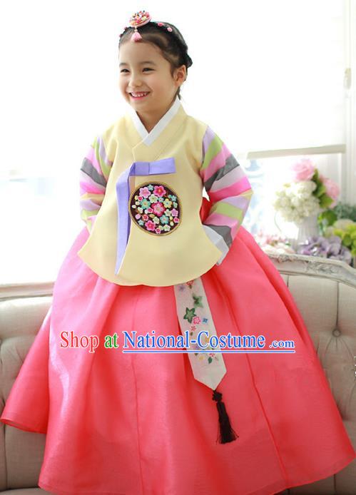 Traditional Korean National Handmade Formal Occasions Girls Hanbok Costume Embroidered Yellow Blouse and Watermelon Red Dress for Kids