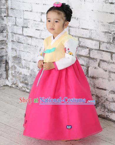 Traditional Korean National Handmade Formal Occasions Girls Hanbok Costume Embroidered Yellow Blouse and Pink Dress for Kids