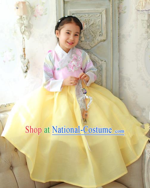 Traditional Korean National Handmade Formal Occasions Girls Hanbok Costume Embroidered Pink Blouse and Yellow Dress for Kids