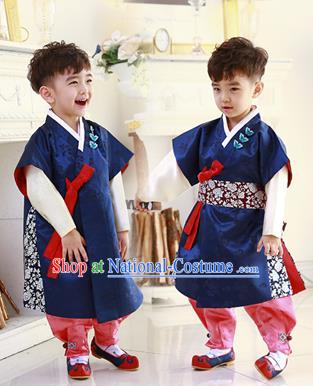 Asian Korean National Traditional Handmade Formal Occasions Boys Embroidery Navy Hanbok Costume Complete Set for Kids