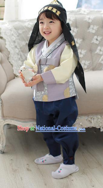 Asian Korean National Traditional Handmade Formal Occasions Boys Embroidery Lilac Hanbok Costume Complete Set for Kids