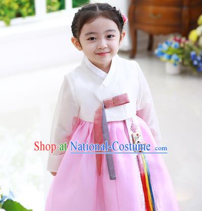 Traditional Korean National Handmade Formal Occasions Girls Palace Hanbok Costume Embroidered White Blouse and Pink Dress for Kids