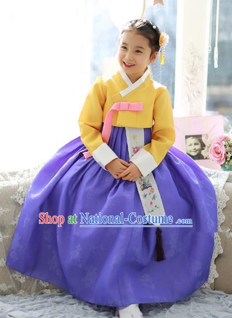 Traditional Korean National Handmade Formal Occasions Girls Palace Hanbok Costume Embroidered Yellow Blouse and Purple Dress for Kids