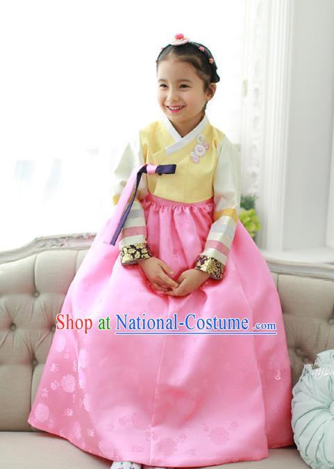 Traditional Korean National Handmade Formal Occasions Girls Palace Hanbok Costume Embroidered Yellow Blouse and Pink Dress for Kids