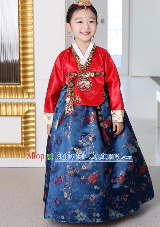 Traditional Korean National Handmade Formal Occasions Girls Palace Hanbok Costume Embroidered Red Blouse and Navy Dress for Kids