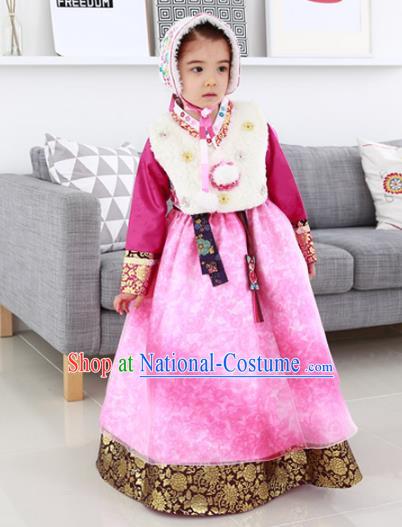 Traditional Korean National Handmade Formal Occasions Girls Palace Hanbok Costume Embroidered Red Blouse and Pink Dress for Kids