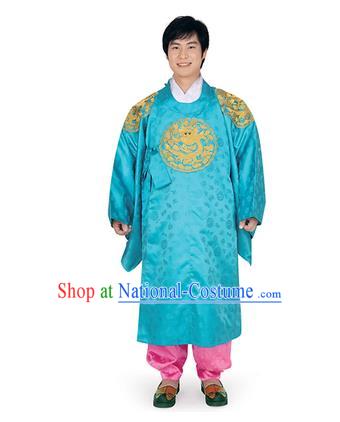 Korean National Traditional Handmade Wedding Embroidery Hanbok Costume, Asian Korean Palace Bridegroom Blue Dragon Robe for Men