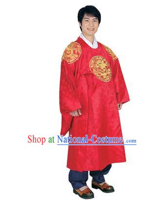 Korean National Traditional Handmade Wedding Embroidery Hanbok Costume, Asian Korean Palace Bridegroom Red Dragon Robe for Men