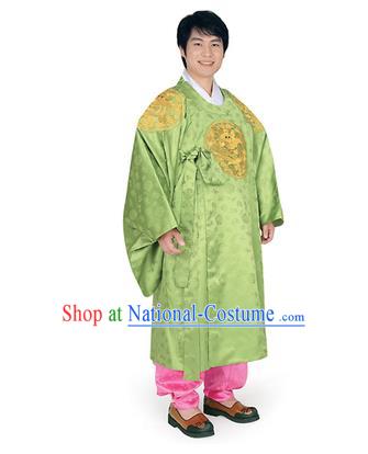 Korean National Traditional Handmade Wedding Embroidery Hanbok Costume, Asian Korean Palace Bridegroom Green Dragon Robe for Men